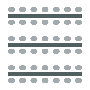Room setup icon showing three tables parallel to one another with chairs on either side of each