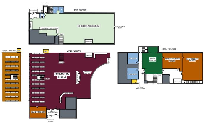 Map displaying room locations in the Turner Free Library