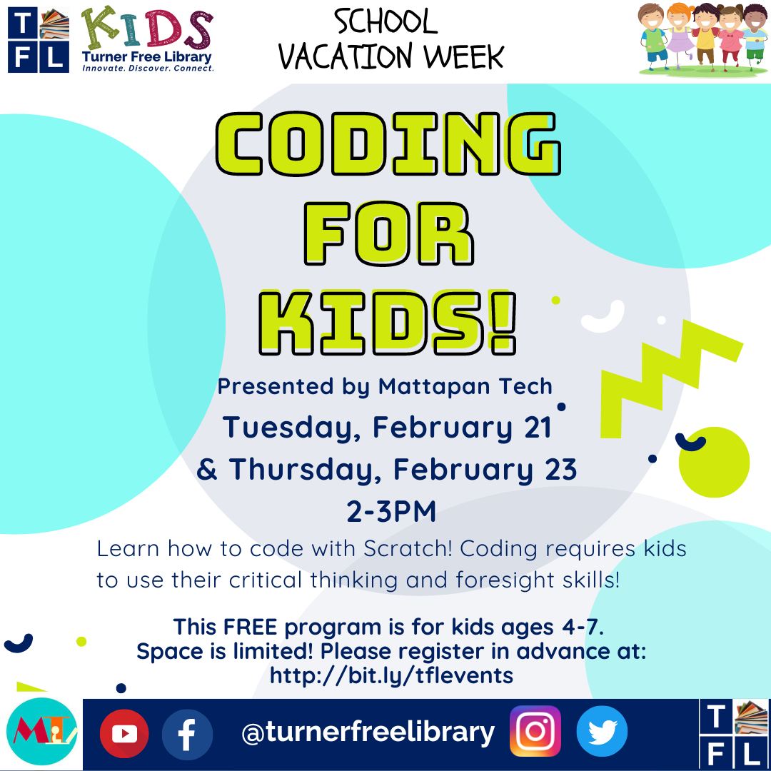 Coding for Kids 2023 February Vacation Week Flyer
