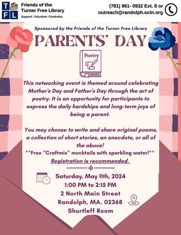 Poster for a mother's day and father's day poetry event at the turner free library, inviting participants to share poems and stories about parenthood, with event details included.