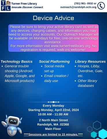 A promotional flyer for technology assistance at the turner free library, offering various tech services including general tech basics, email account help, and access to library resources.