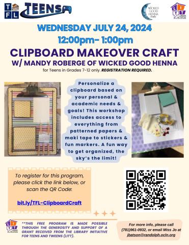 Clipboard Makeover Craft July 24, 2024 from 12-1pm