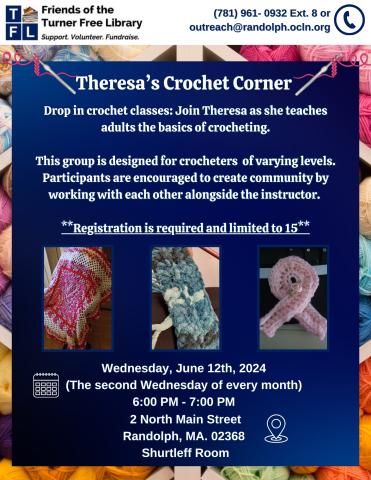 A promotional flyer for the crochet club at the Turner Free Library. 