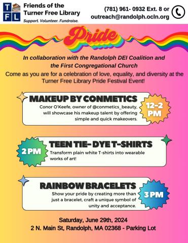 Vibrant pride event flyer for friends of the library, featuring rainbow colors and book graphics, encouraging participation
