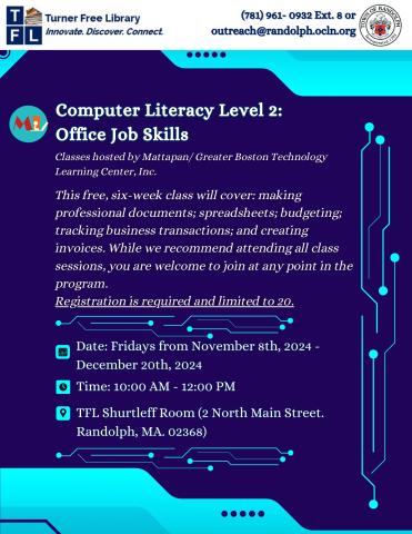 Promotional flyer in various shades of blue and white text for Computer Literacy Level 2: Office Job Skills 