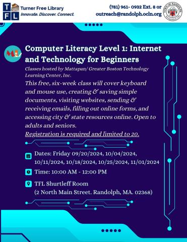 Computer Literacy Level 1 Flyer with various technological aspects in different shades of blue. 