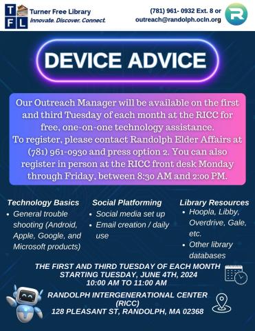 A promotional flyer for technology assistance at the RICC, offering various tech services including general tech basics, email account help, and access to library resources.