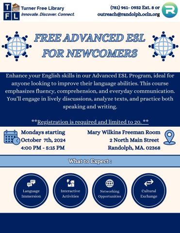 A free ESL flyer for newcomers to enhance their English skills. This group meets weekly on Mondays from 