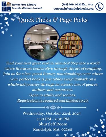 A flyer for a speed reading event at the Turner Free Library in various shades of blue. 