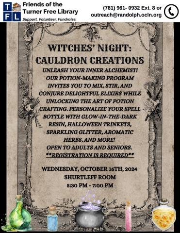 A flyer for a potion making program on October 16th from 5:30 PM - 7:00 PM