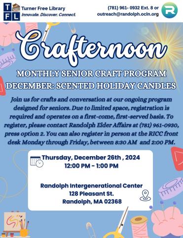 Crafternoon flyer for the RICC on December 26th, 2024 from 12-1. 