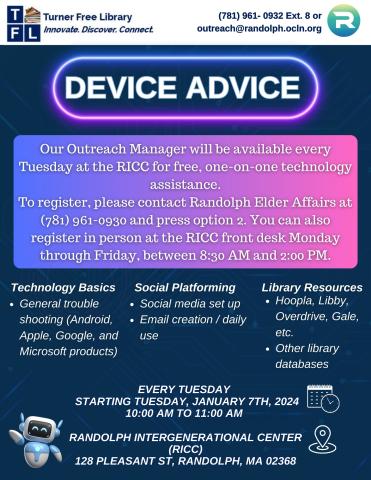 A promotional flyer for technology assistance at the RICC, offering various tech services including general tech basics, email account help, and access to library resources.