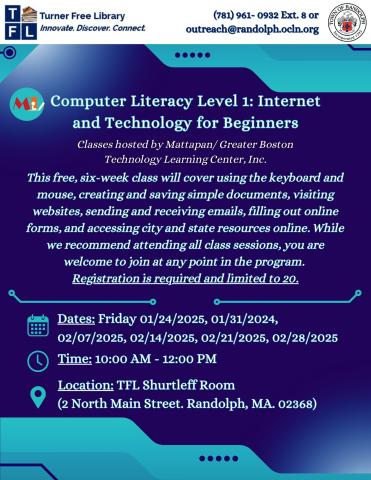 Computer Literacy Level 1 Flyer with various technological aspects in different shades of blue. 