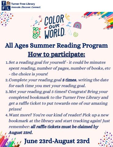 A beige flyer with hints of colors and colored pencils to describe the all ages summer reading rules. 