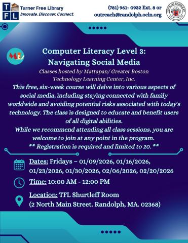 The flyer has a clean, modern design with a blue and teal tech theme, featuring subtle digital graphics. It promotes weekly computer classes at the Turner Free Library running from September 12, 2025, to February 20, 2026, with breaks on holidays and between Levels 1, 2, and 3. The text is high contrast and easy to read, with clear headings outlining the class schedule and registration details.