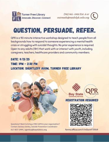 A flyer showing a collaboration between the Turner Free Library and Bay State Community Services to provide a QPR training for adults/ caregivers