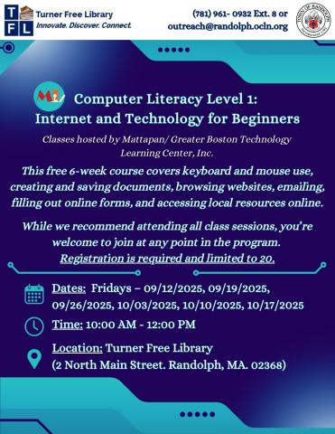 The flyer has a clean, modern design with a blue and teal tech theme, featuring subtle digital graphics. It promotes weekly computer classes at the Turner Free Library running from September 12, 2025, to February 20, 2026, with breaks on holidays and between Levels 1, 2, and 3. The text is high contrast and easy to read, with clear headings outlining the class schedule and registration details.