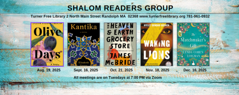 A flyer/ carousel of the titles selected for the TFL Shalom Readers Group that meets monthly via zoom. 