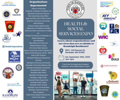 Flyer for the Health & Social Services Expo in Randolph, featuring logos of participating organizations, and event details
