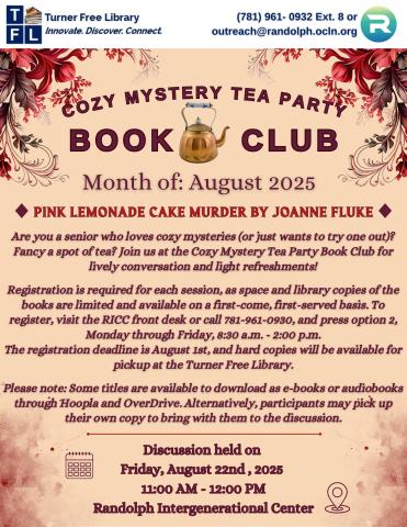 Flyer in beige and red for Cozy Mystery Tea Party Book Club with August being "Pink Lemonade Cake Murder" 