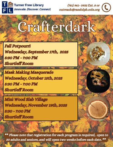 Crafterdark program showcasing 3 months of crafts from September through November. Consists of Textured Painting, Garden Treasure Jars, and Seashell Wreath Making, and has a beach theme. 