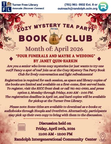 Red and beige flyer for a cozy mystery book club that meets every 4th Friday of each month, except on holidays.