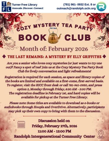 Red and beige flyer for a cozy mystery book club that meets every 4th Friday of each month, except on holidays.