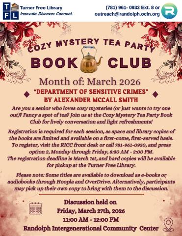 Red and beige flyer for a cozy mystery book club that meets every 4th Friday of each month, except on holidays.