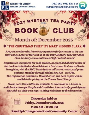 Red and beige flyer for a cozy mystery book club that meets every 4th Friday of each month, except on holidays.