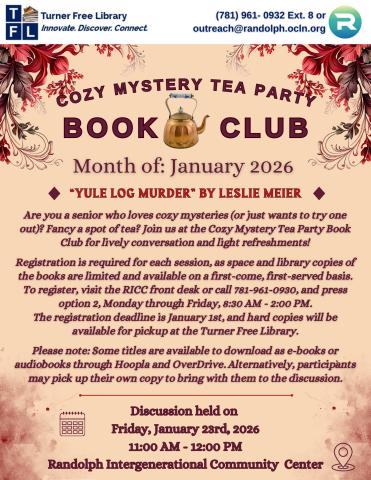 Red and beige flyer for a cozy mystery book club that meets every 4th Friday of each month, except on holidays.