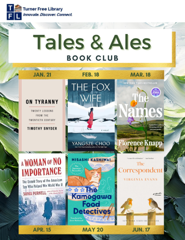 Tales & Ales flyer listing the book club's upcoming selections and meeting dates