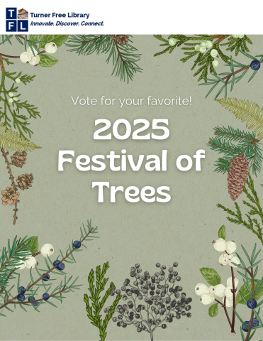 Flyer for the 2025 Festival of Trees competition, in which community members are invited to vote for their favorite tree decorated by a Randolph public school.