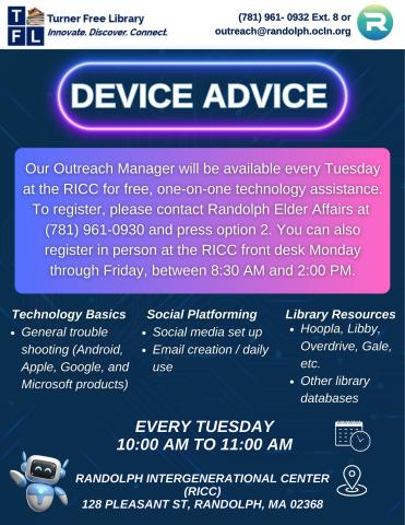 Device advice flyer meeting at the RICC every Tuesday with blue purple and pink colors with a focus on a technological elements for the flyer. 