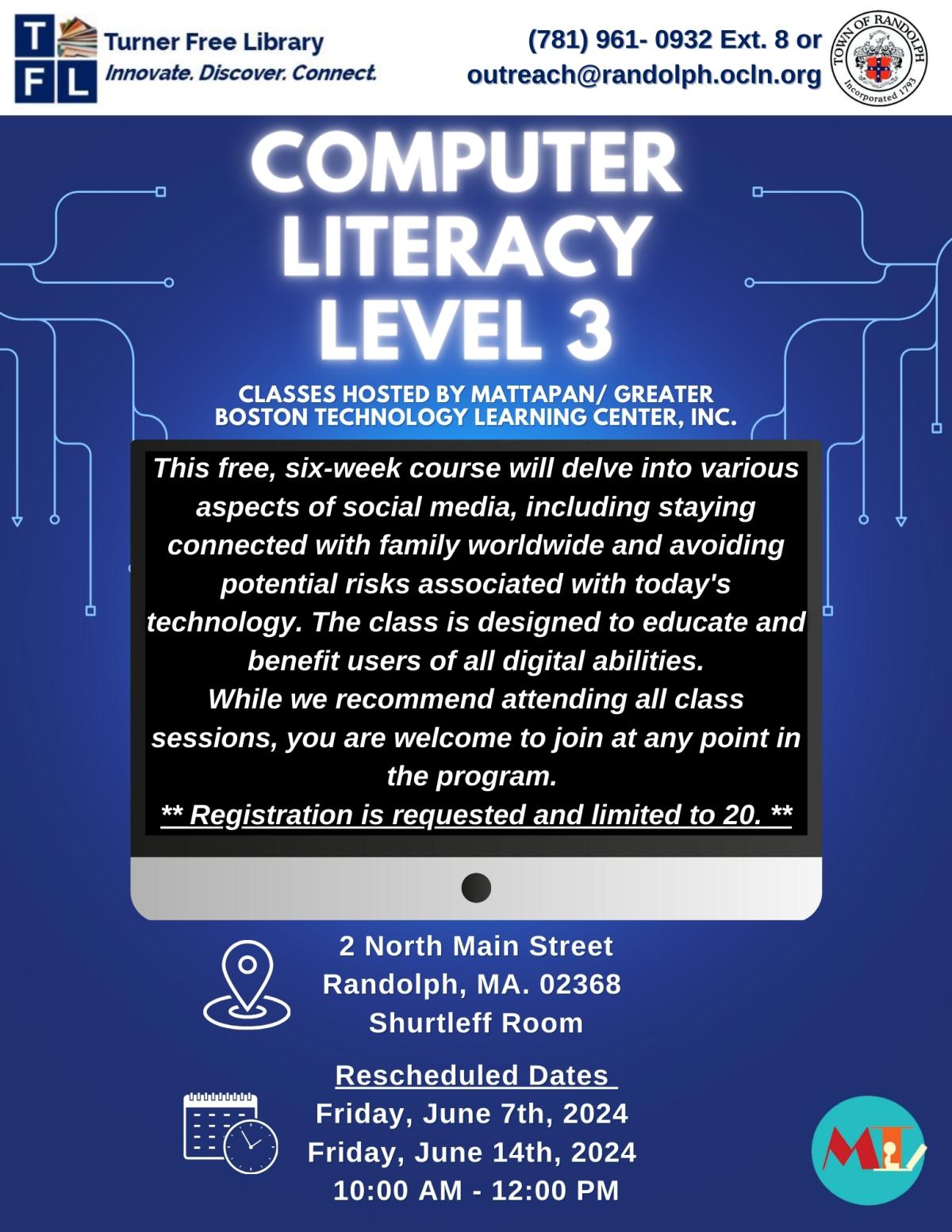  promotional flyer for a computer literacy level 3 class focused on social media risks, family education, and digital technologies, offered in Randolph with registration details.