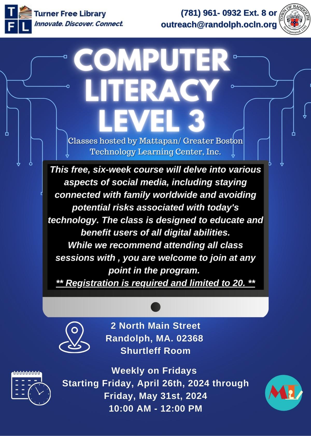  promotional flyer for a computer literacy level 3 class focused on social media risks, family education, and digital technologies, offered in Randolph with registration details.