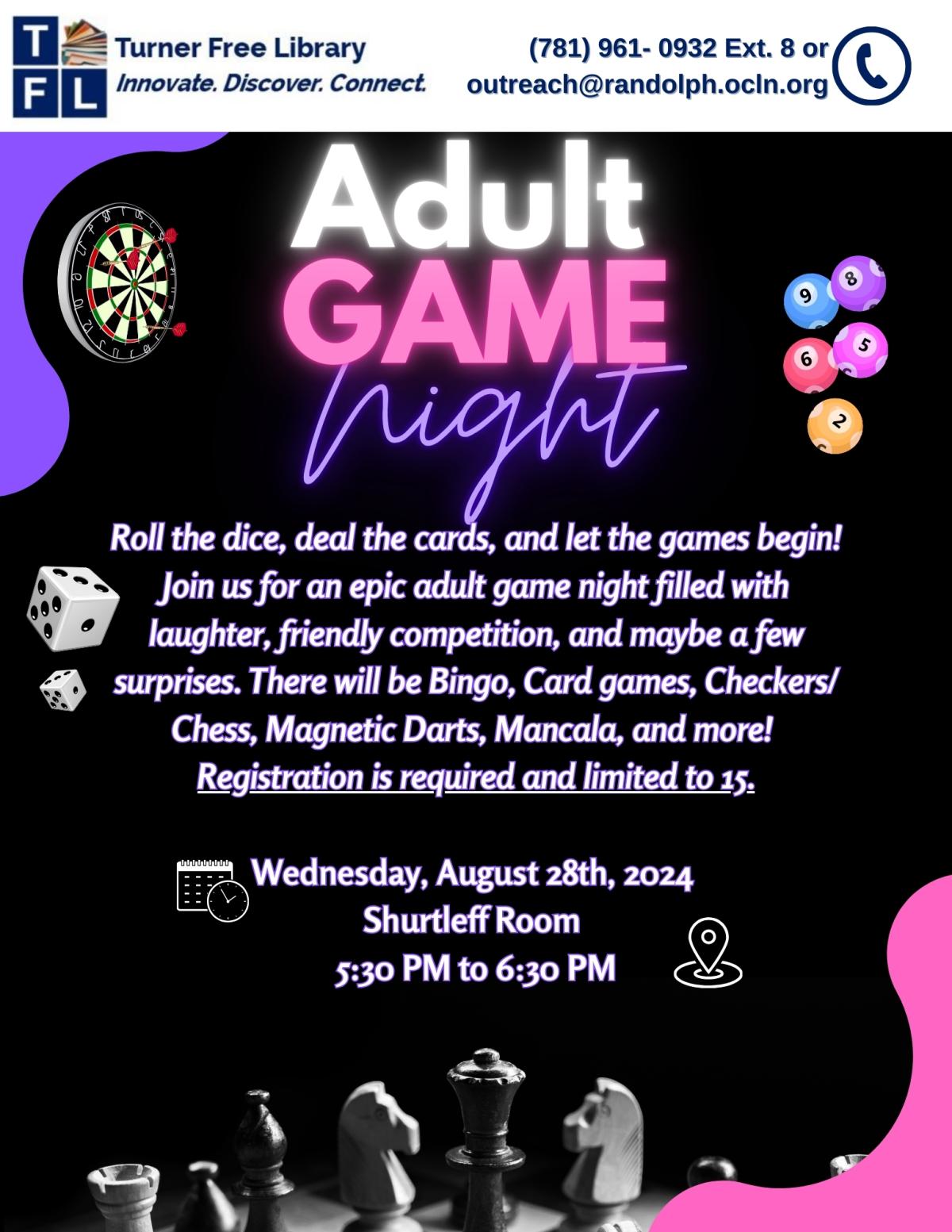  Flyer for adult game night featuring colorful game pieces and dice on a dark background.