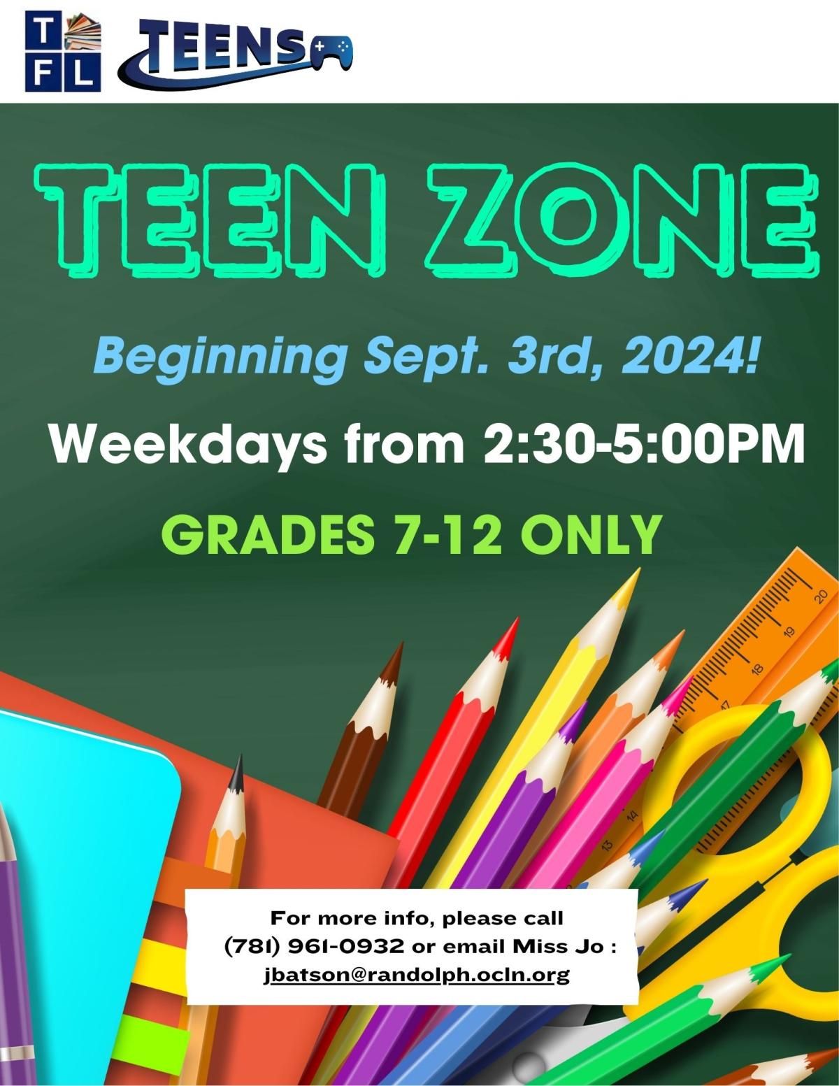 Teen Zone drop-in style event for teens in Grades 7-12 only, weekdays from 2:30pm-5:00pm