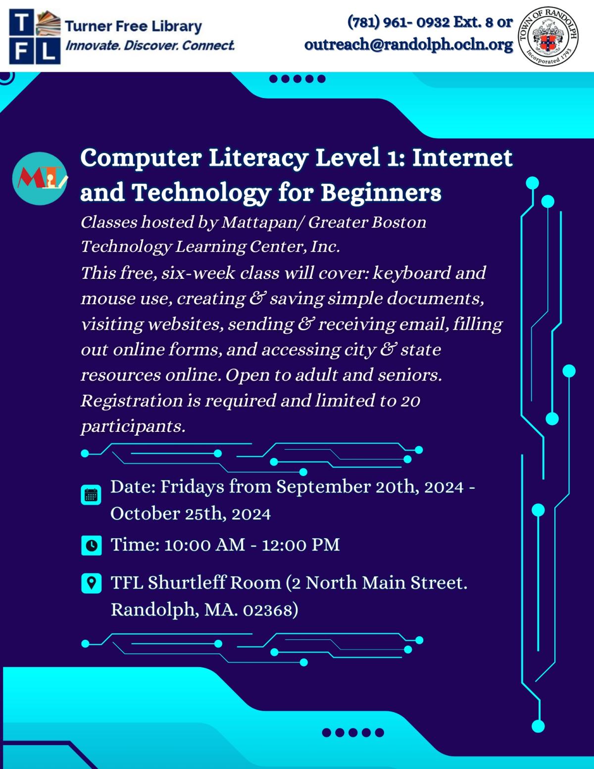 Flyer for a free six-week computer literacy course titled "Internet and Technology for Beginners" at Turner Free Library, offering basic skills for adults and seniors, starting on September 20, 2024.