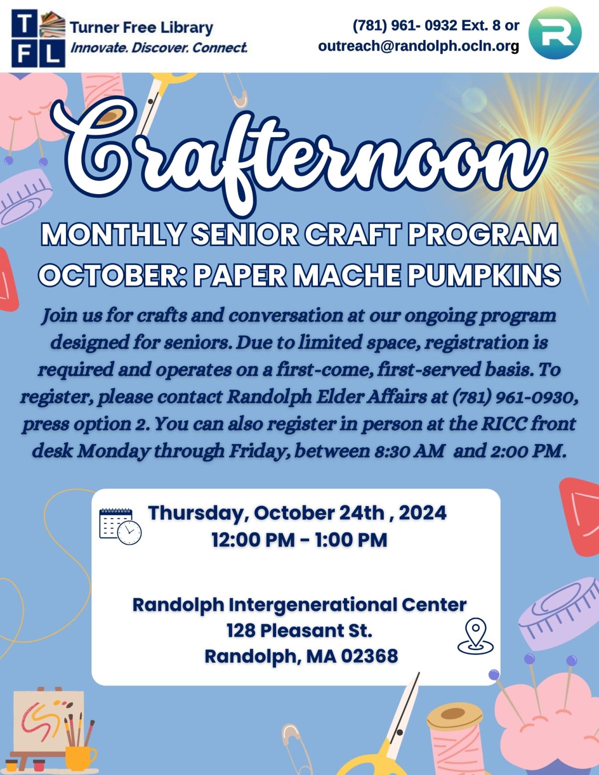 A flyer for a craft program at the RICC for seniors involving paper mache pumpkins. 