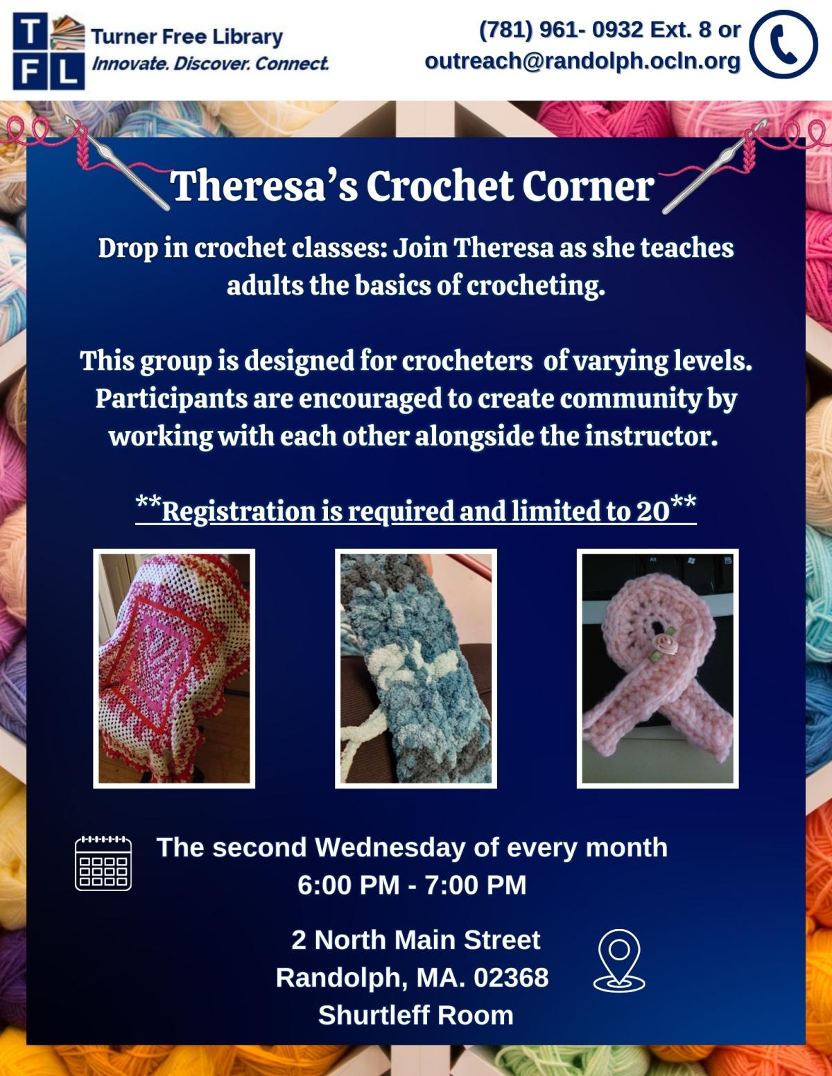 Promotional Flyer for drop in crotchet class at the Turner Free Library 