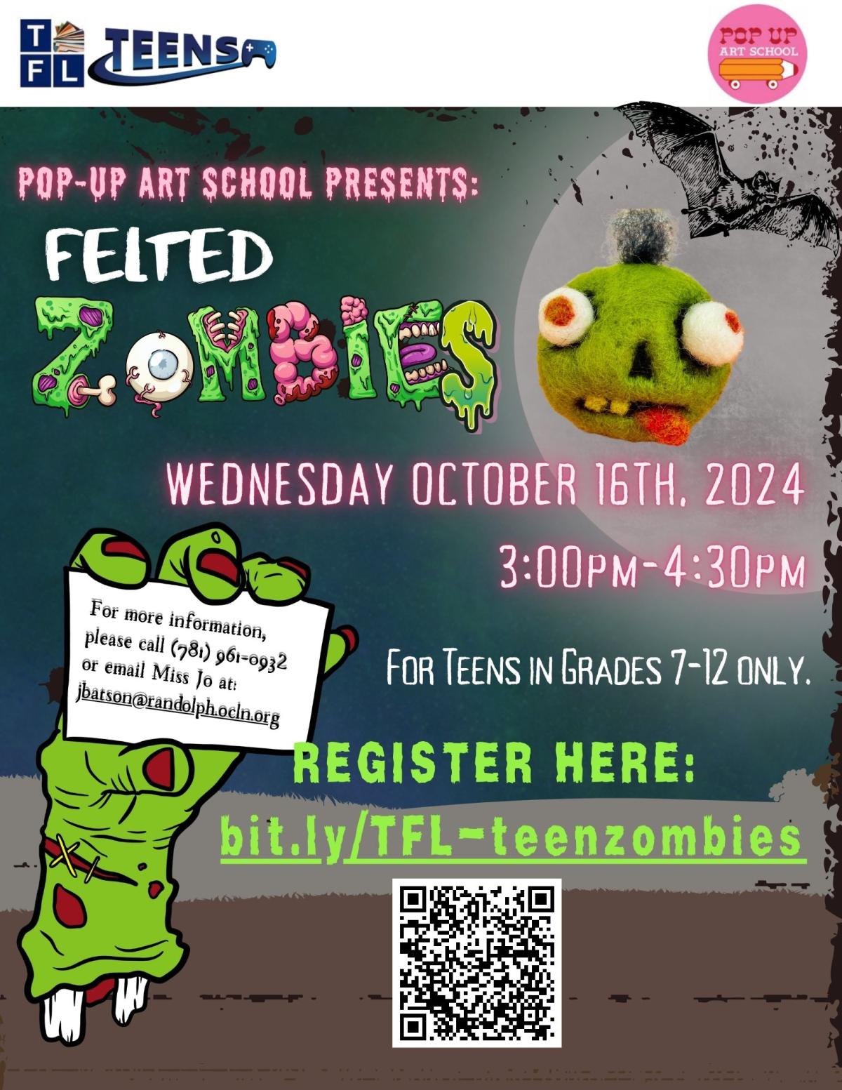 Wednesday October 16, 2024 from 3-5pm, Felted Zombie Craft Event for Teens in Grades 7-12