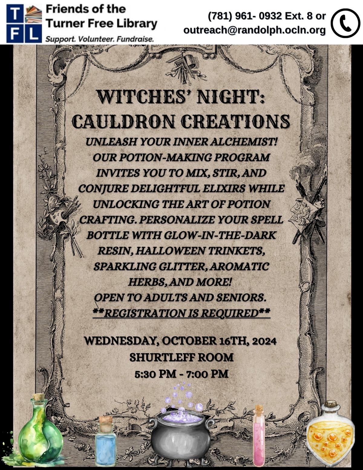 A flyer for a potion making program on October 16th from 5:30 PM - 7:00 PM