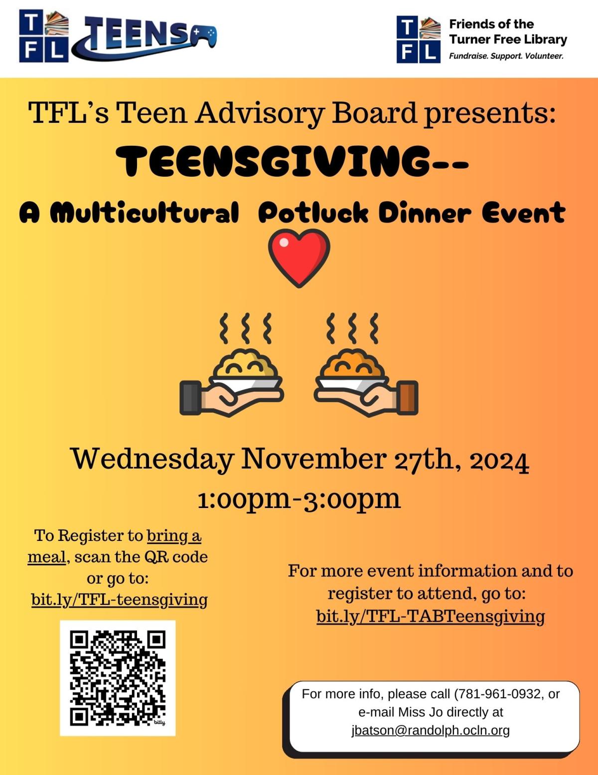 Teensgiving MultiCultural PotLuck Dinner Event Wednesday November 27, 2024 from 1:00pm-3:00pm