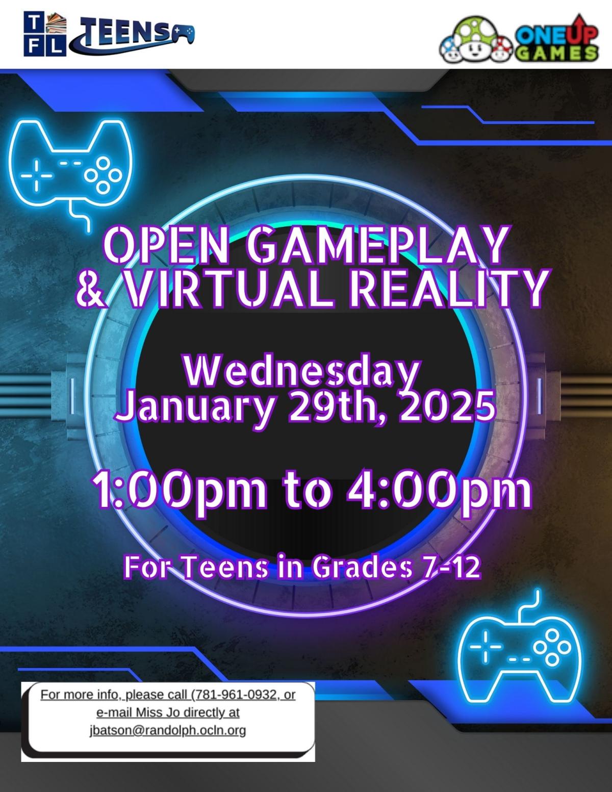 Open Gameplay with Vitural Reality from One-Up Games, January 29, 2025 from 1-4pm