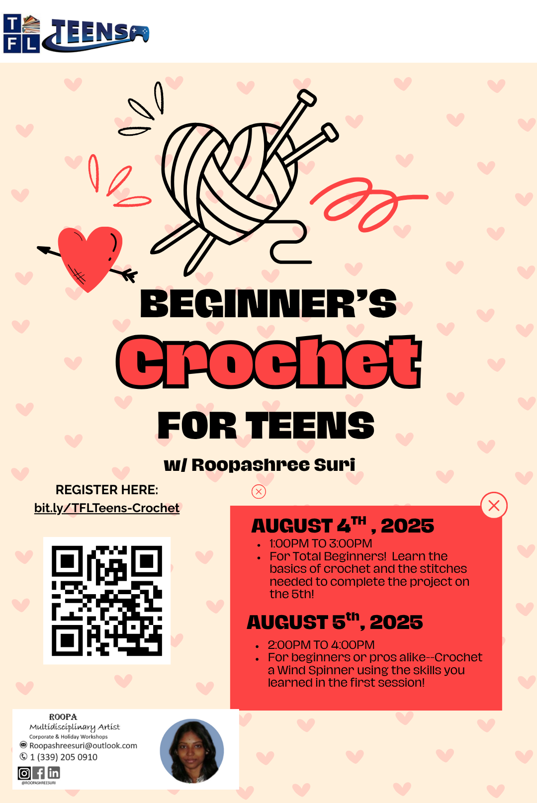 beginners crochet for teens august 4th and 5th