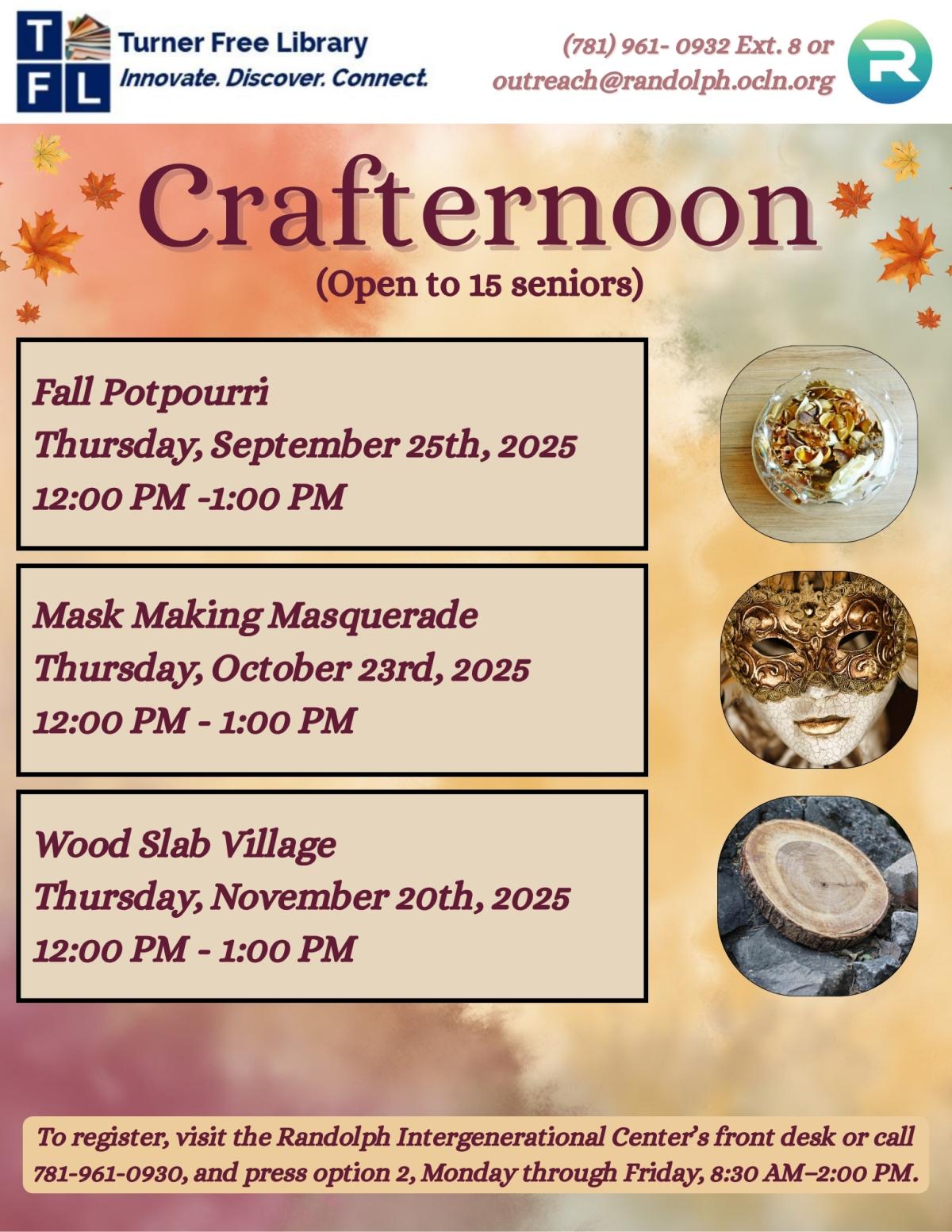 Flyer showcasing 3 crafternoon's for seniors between September through November 2025 