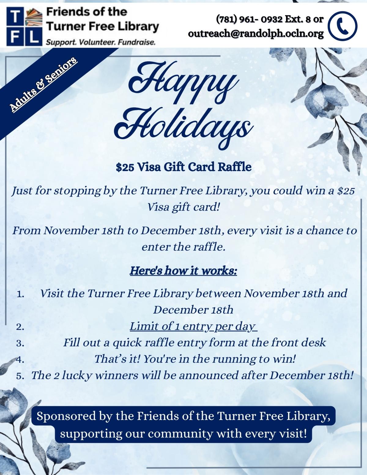 Flyer for a winter raffle just for stopping by the Turner Free Library daily 