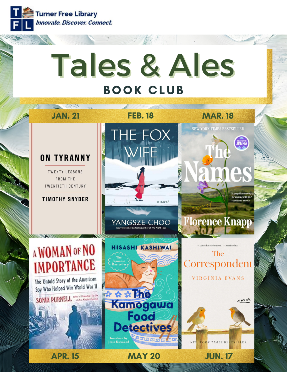 Tales & Ales flyer listing the book club's upcoming selections and meeting dates