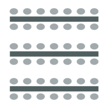 Room setup icon showing three tables parallel to one another with chairs on either side of each
