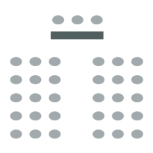 Room setup icon of two sections of seating separated by a central aisle with a table for presenters at front